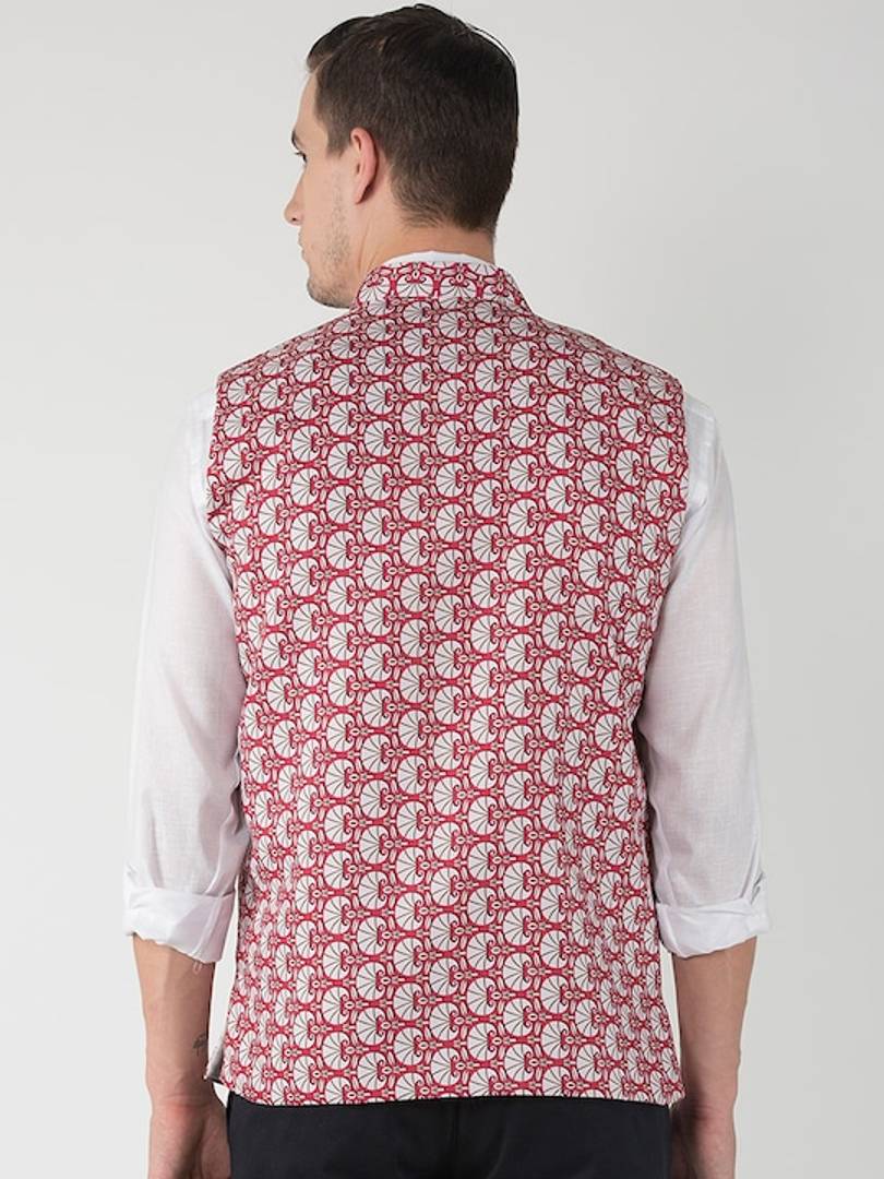 Men's Red Viscose
 Printed Nehru Jackets